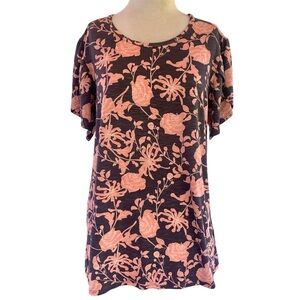 LuLaRoe Simply Comfortable Orange & Gray Floral Split Short Sleeve Shirt, Large